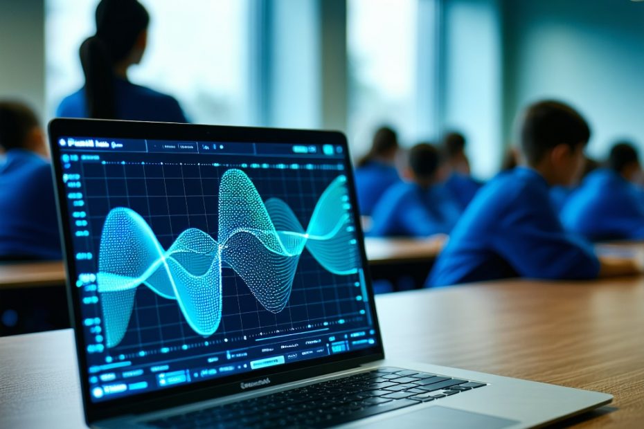 Professional photorealistic image of a modern classroom setting with a sleek laptop displaying abstract digital scanning interface with blue and green analysis waves, teacher and student silhouettes visible in soft focus background, clean lighting, academic atmosphere, high-tech educational technology concept, no text or logos visible