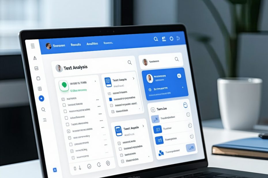 photorealistic image of a modern laptop screen displaying a clean web interface with text analysis results, soft blue and white color scheme, magnifying glass icon hovering over digital text on screen, professional office desk setting with natural lighting, shallow depth of field, high-quality digital rendering, no text or logos visible